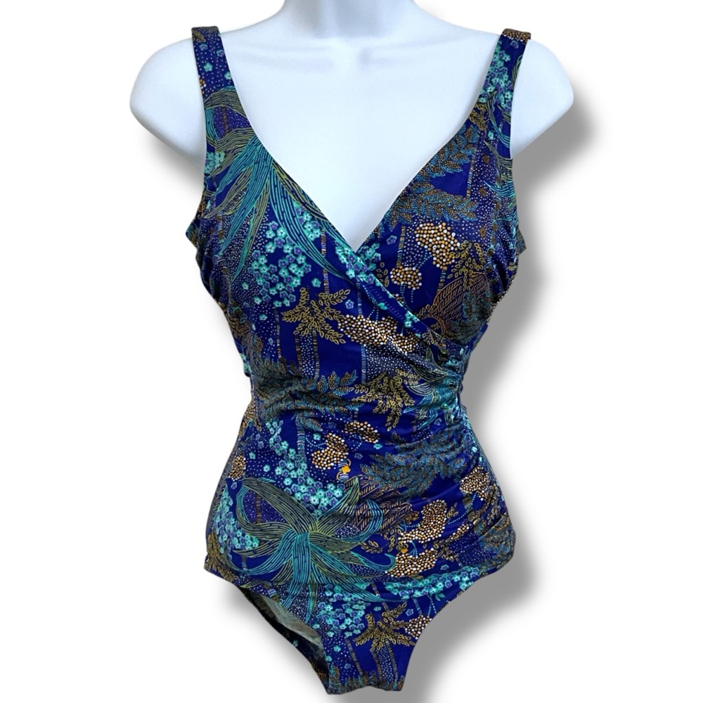 Vintage 1960s DeWeese Design Pinup Swimsuit One Piece Blue Jewel Tones Size 10